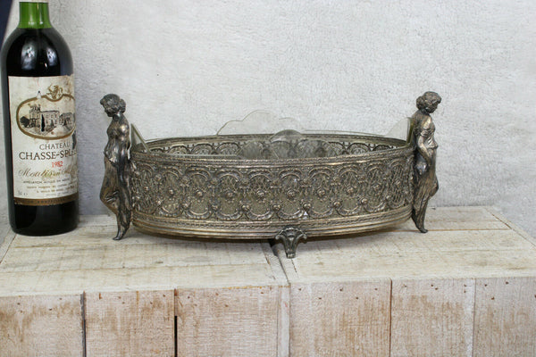 Stunning art nouveau german pewter lady glass insert jardiniere planter 1900