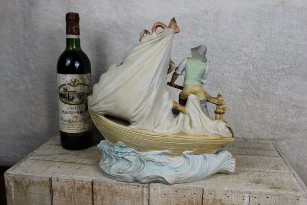 XL German bisque porcelain fishing boat family marked 1950s statue group