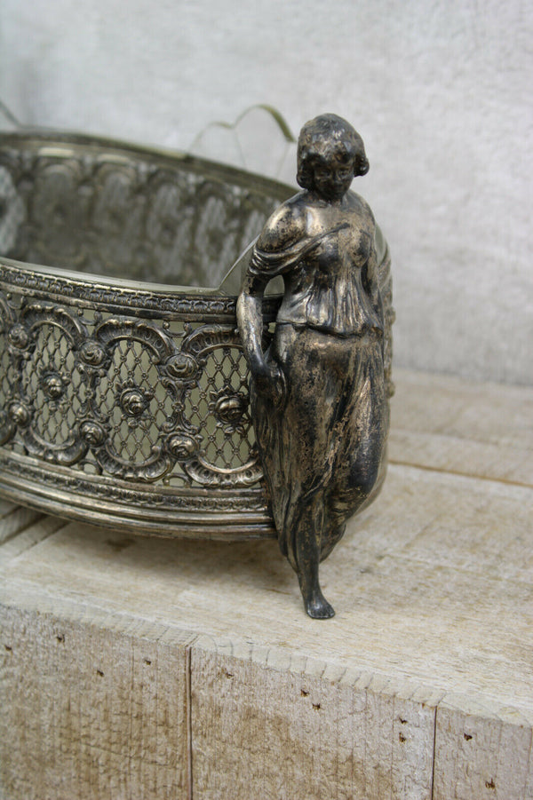 Stunning art nouveau german pewter lady glass insert jardiniere planter 1900