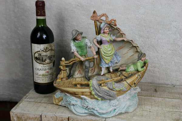 XL German bisque porcelain fishing boat family marked 1950s statue group