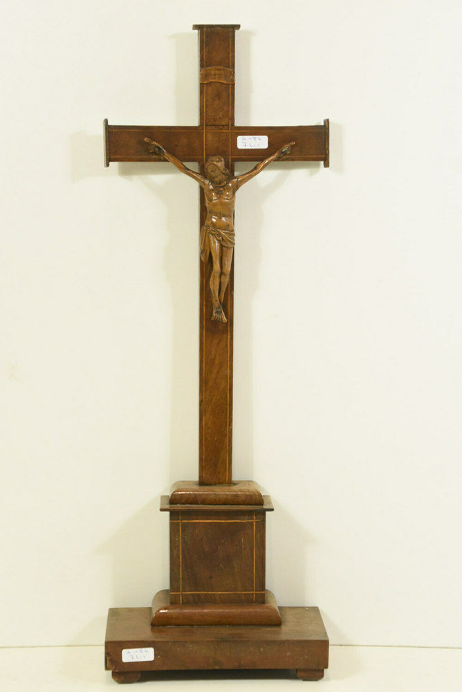 Antique French wood carved standing religious altar crucifix cross christ church