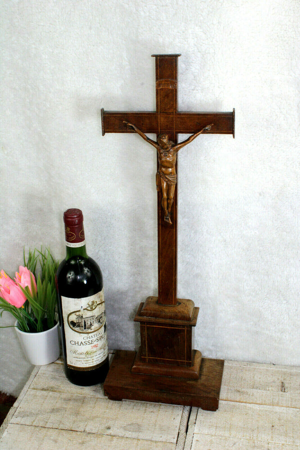 Antique French wood carved standing religious altar crucifix cross christ church