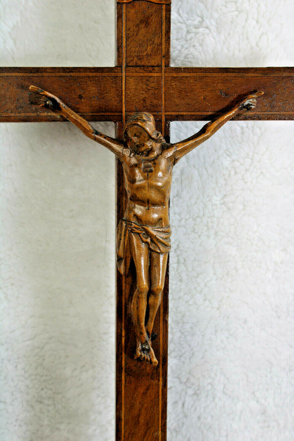 Antique French wood carved standing religious altar crucifix cross christ church