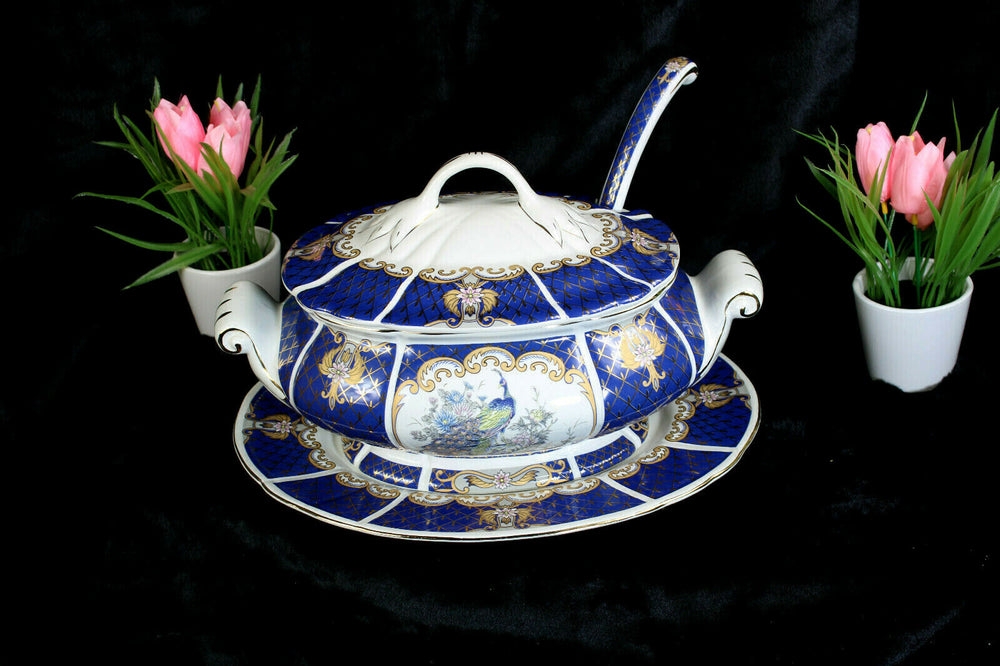 Vintage portugese porcelain Soup tureen on plate peacock bird floral