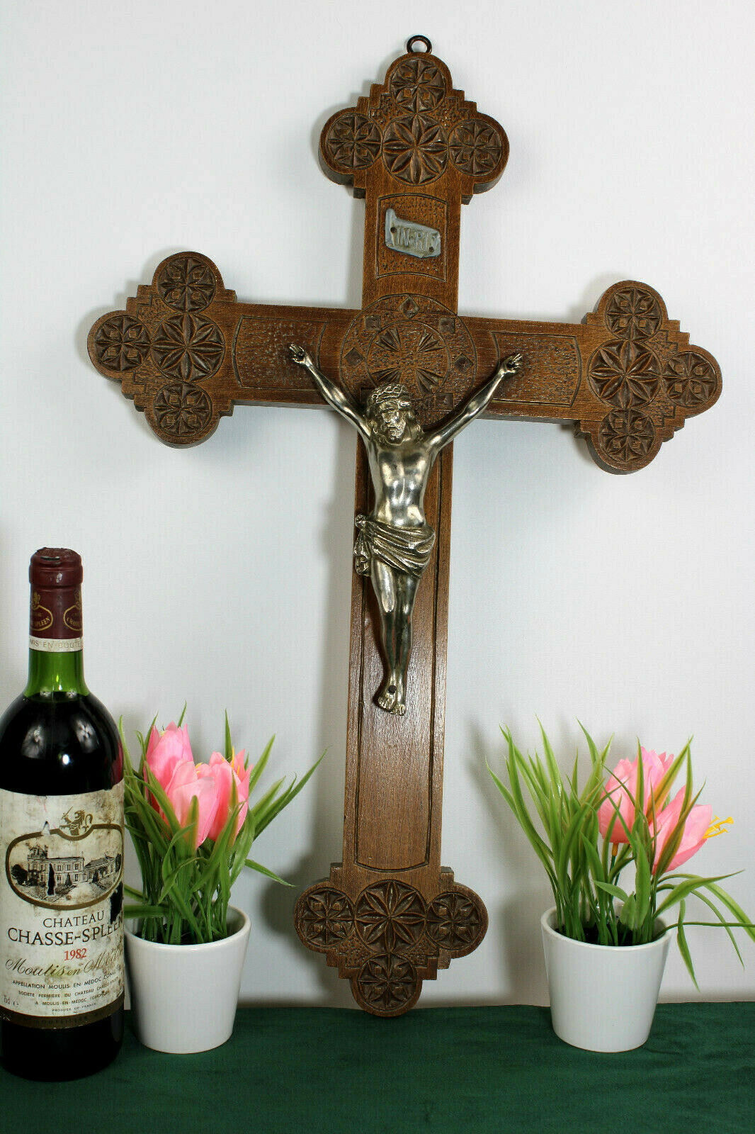 Antique XL  Dutch Frisian Wood carved wall crucifix cross religious christ