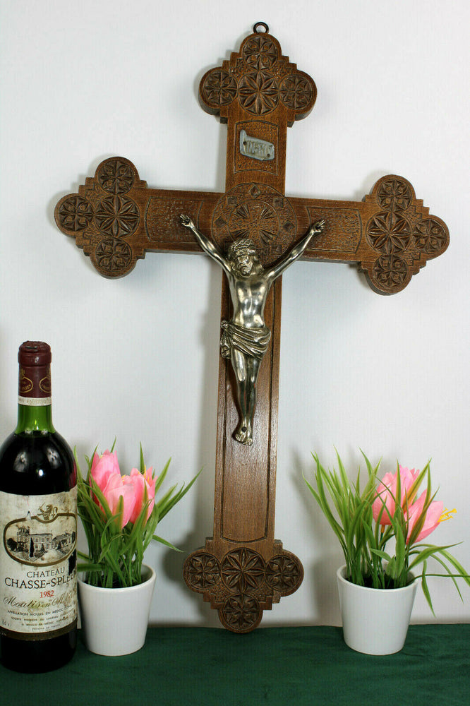 Antique XL  Dutch Frisian Wood carved wall crucifix cross religious christ