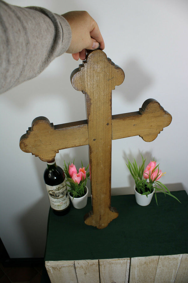 Antique XL  Dutch Frisian Wood carved wall crucifix cross religious christ