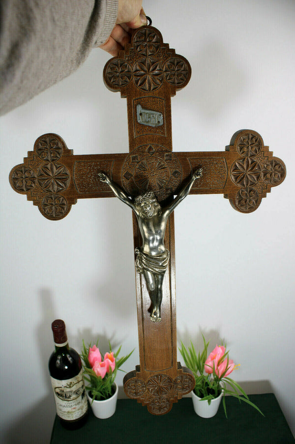 Antique XL  Dutch Frisian Wood carved wall crucifix cross religious christ