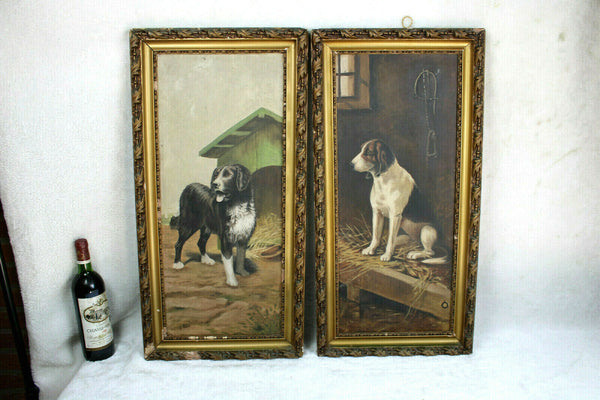 Antique PAIR French oil canvas maroufle on panel dog portrait paintings 1900