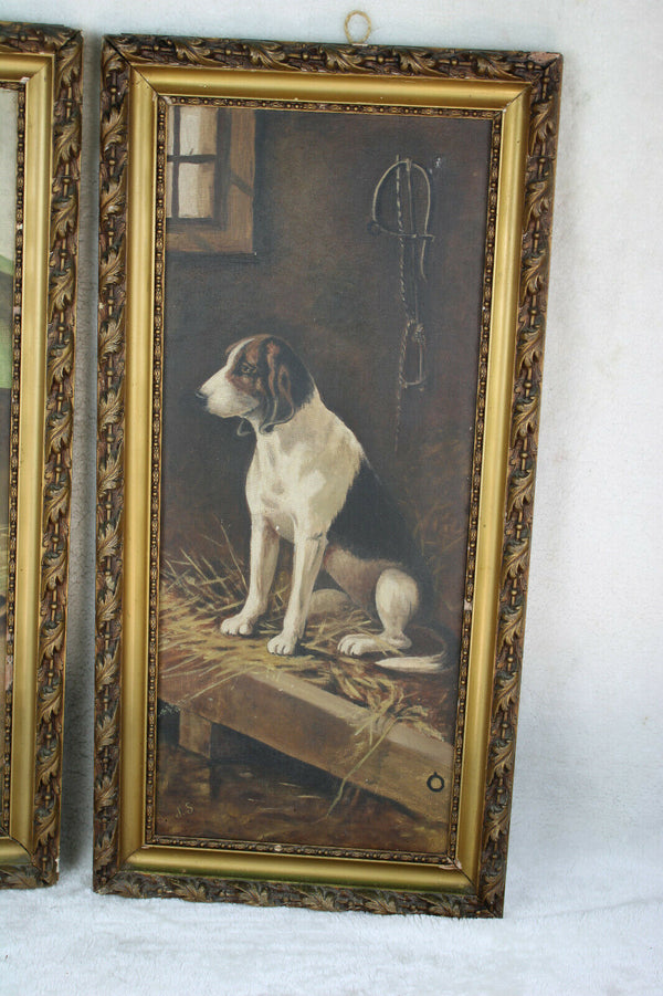 Antique PAIR French oil canvas maroufle on panel dog portrait paintings 1900