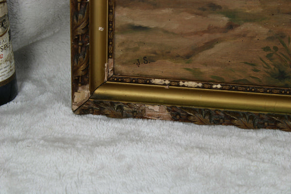 Antique PAIR French oil canvas maroufle on panel dog portrait paintings 1900