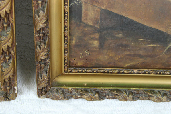 Antique PAIR French oil canvas maroufle on panel dog portrait paintings 1900