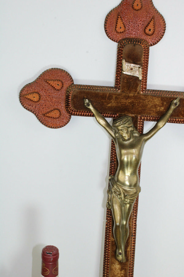 Antique XL French WW2 Tramp art Wood carved crucifix cross religious