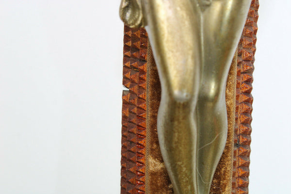 Antique XL French WW2 Tramp art Wood carved crucifix cross religious