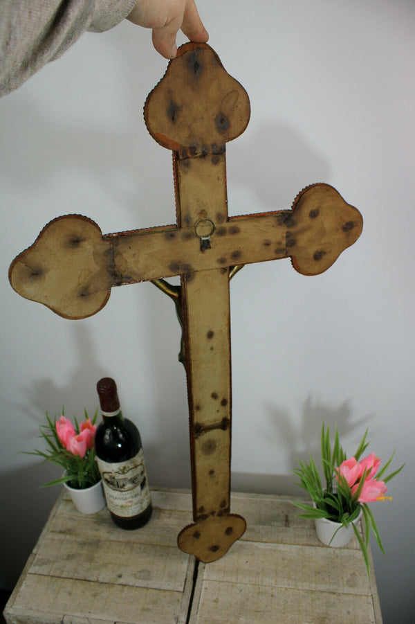 Antique XL French WW2 Tramp art Wood carved crucifix cross religious