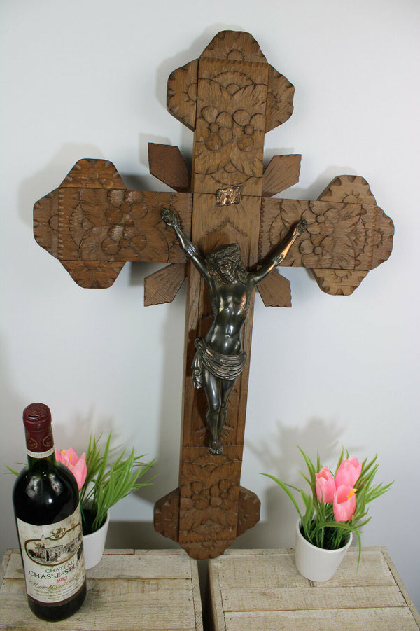 LARGE antique wood carved crucifix cross religious