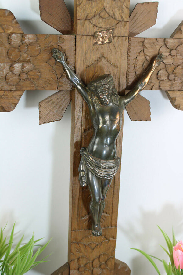 LARGE antique wood carved crucifix cross religious