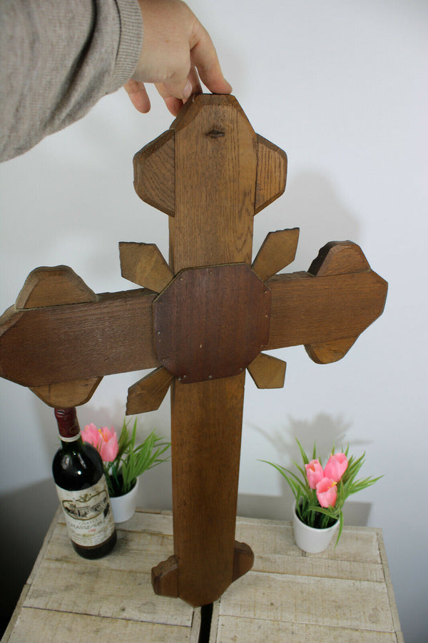 LARGE antique wood carved crucifix cross religious