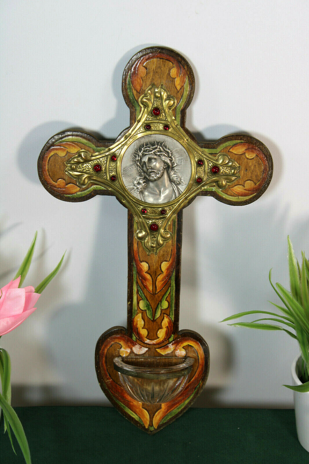 Antique French wood inlaid stones holy water font crucifix Christ