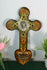 Antique French wood inlaid stones holy water font crucifix Christ