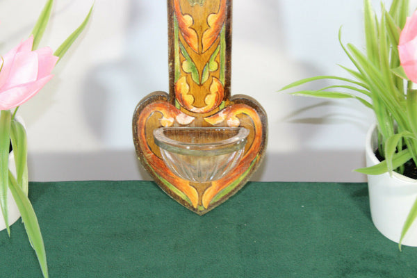 Antique French wood inlaid stones holy water font crucifix Christ