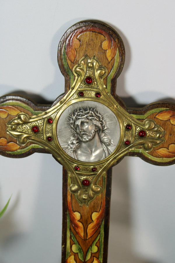 Antique French wood inlaid stones holy water font crucifix Christ