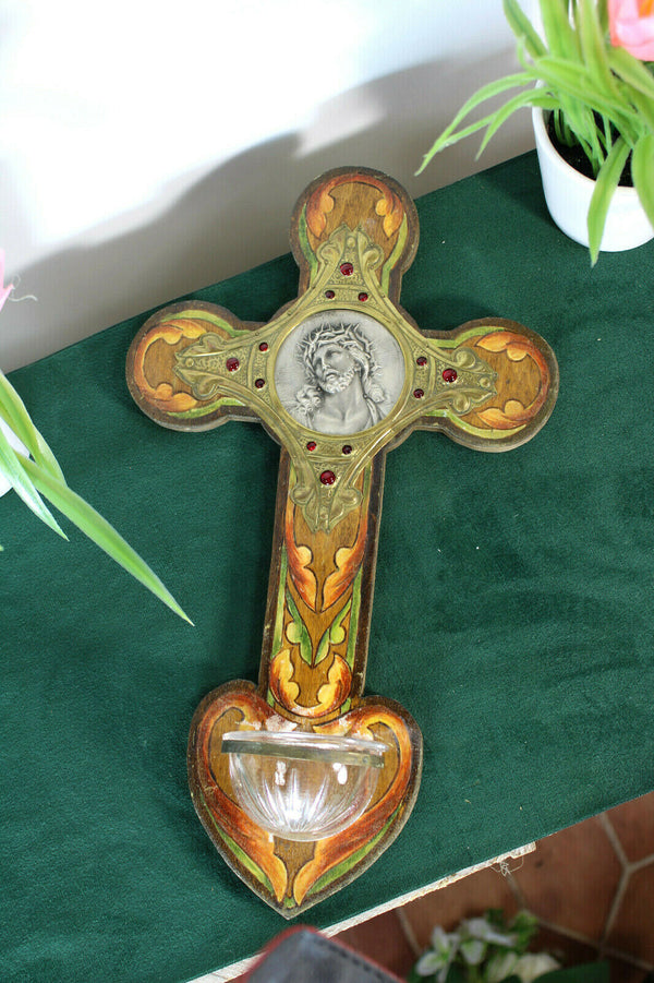 Antique French wood inlaid stones holy water font crucifix Christ