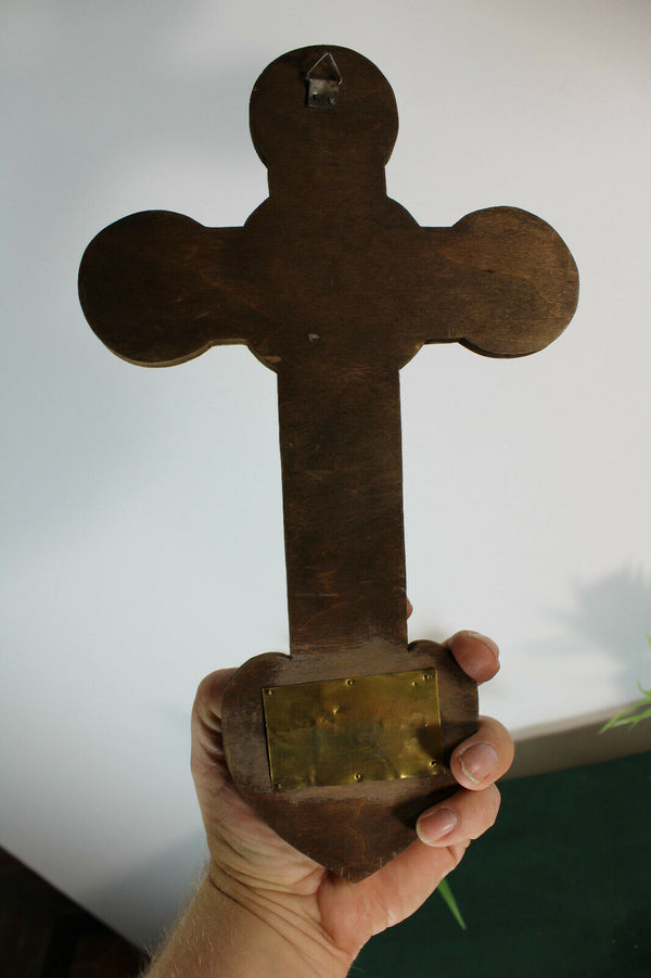 Antique French wood inlaid stones holy water font crucifix Christ