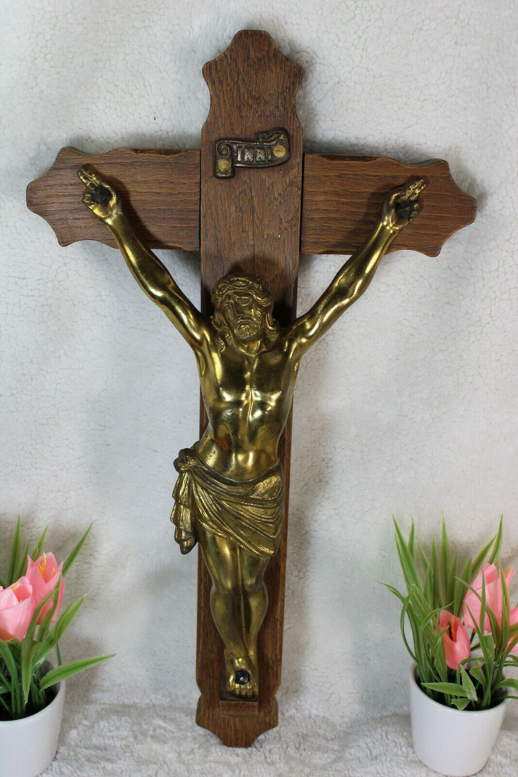Antique wood carved metal christ crucifix cross