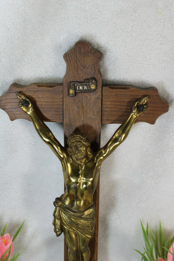 Antique wood carved metal christ crucifix cross