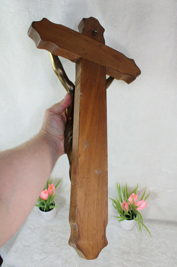 Antique wood carved metal christ crucifix cross