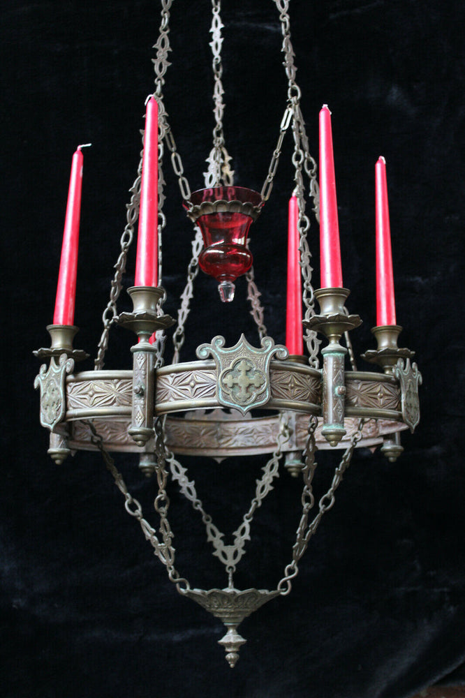 Antique French bronze Church sanctuary Altar Chandelier lamp candle holder