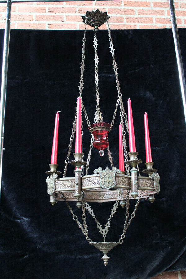 Antique French bronze Church sanctuary Altar Chandelier lamp candle holder