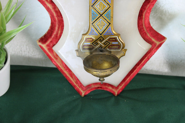 Antique french holy water font crucifix cloisonne enamel porcelain madonna