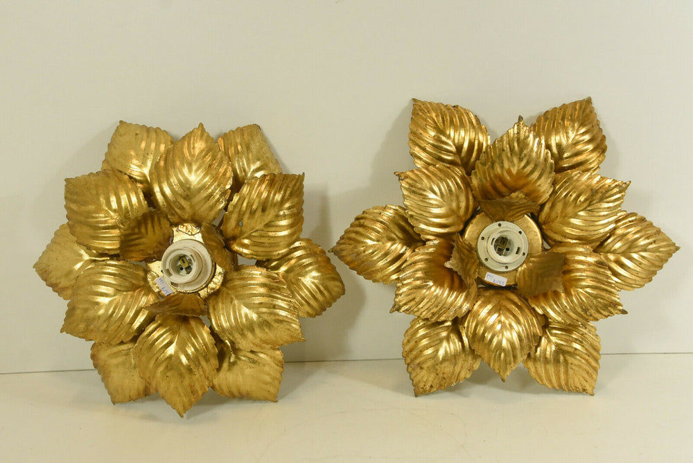 PAIR hollywood regency MEtal gold gilt leaves flush mount lamp attr. willy daro