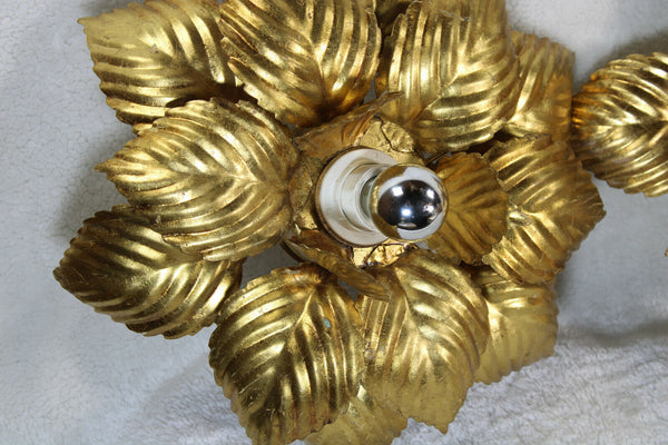 PAIR hollywood regency MEtal gold gilt leaves flush mount lamp attr. willy daro