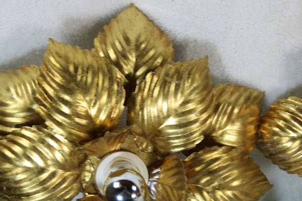 PAIR hollywood regency MEtal gold gilt leaves flush mount lamp attr. willy daro