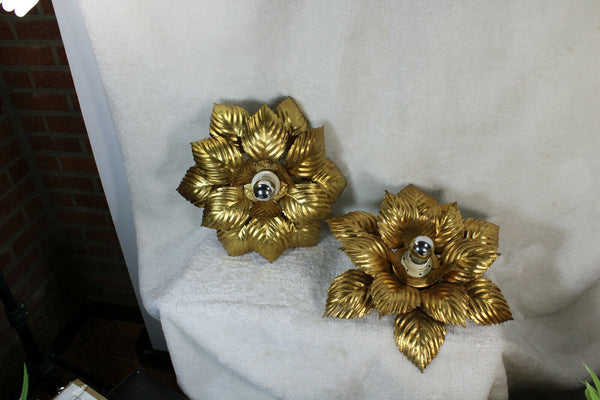 PAIR hollywood regency MEtal gold gilt leaves flush mount lamp attr. willy daro