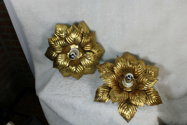 PAIR hollywood regency MEtal gold gilt leaves flush mount lamp attr. willy daro