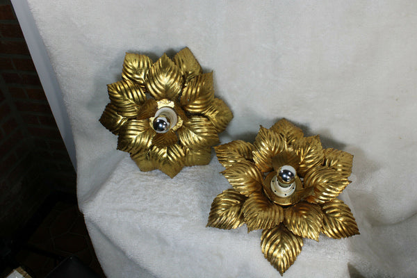 PAIR hollywood regency MEtal gold gilt leaves flush mount lamp attr. willy daro