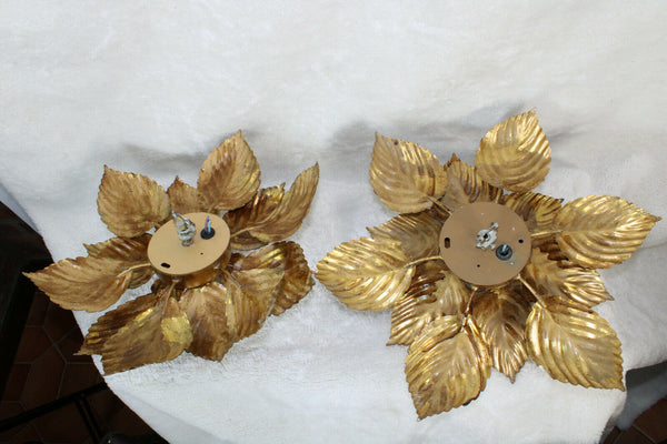 PAIR hollywood regency MEtal gold gilt leaves flush mount lamp attr. willy daro