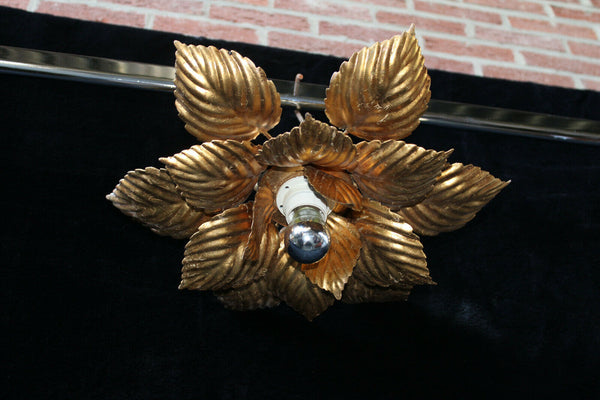 PAIR hollywood regency MEtal gold gilt leaves flush mount lamp attr. willy daro