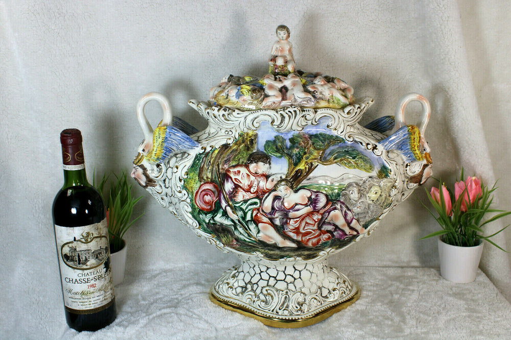 Huge capodimonte porcelain centerpiece bowl romantic putti swan satyr rare