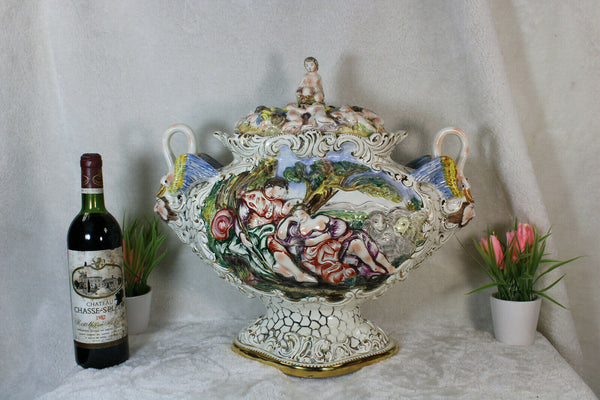 Huge capodimonte porcelain centerpiece bowl romantic putti swan satyr rare