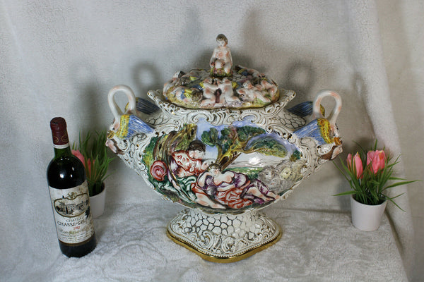 Huge capodimonte porcelain centerpiece bowl romantic putti swan satyr rare