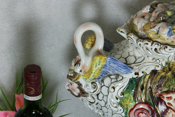 Huge capodimonte porcelain centerpiece bowl romantic putti swan satyr rare