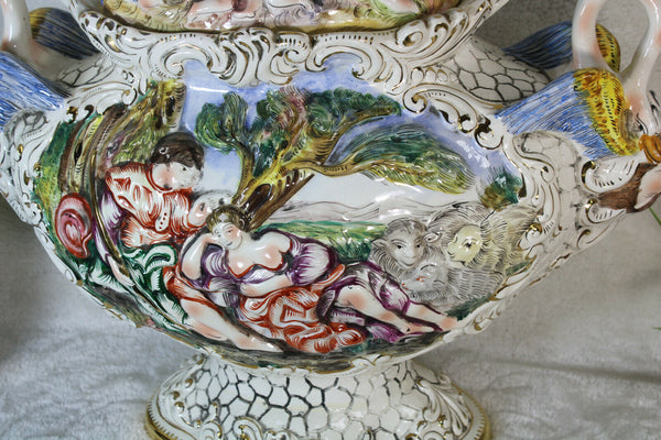 Huge capodimonte porcelain centerpiece bowl romantic putti swan satyr rare