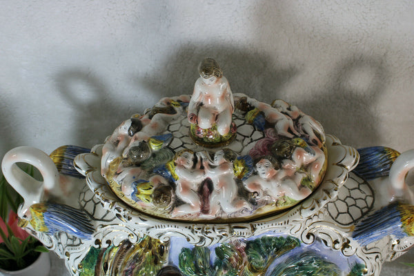 Huge capodimonte porcelain centerpiece bowl romantic putti swan satyr rare