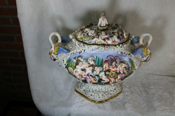 Huge capodimonte porcelain centerpiece bowl romantic putti swan satyr rare