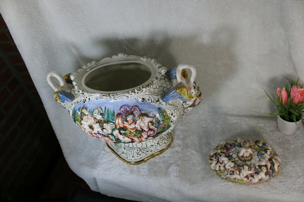 Huge capodimonte porcelain centerpiece bowl romantic putti swan satyr rare